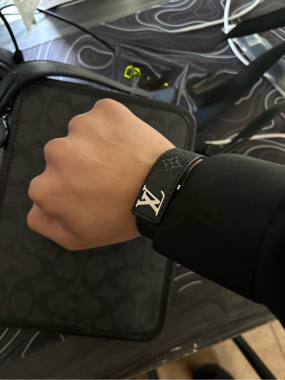 Louis Vuitton Black Monogram Leather Wrap Bracelet with Silver LV